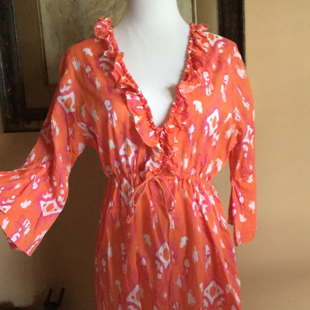 Mud Pie Orange Printed Midi Dress with Ruffle V-Neck